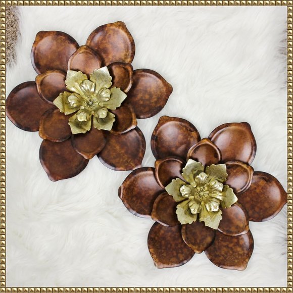 Other - Floral Wall Decor Art Metal Brown Gold Silver - Set of Two